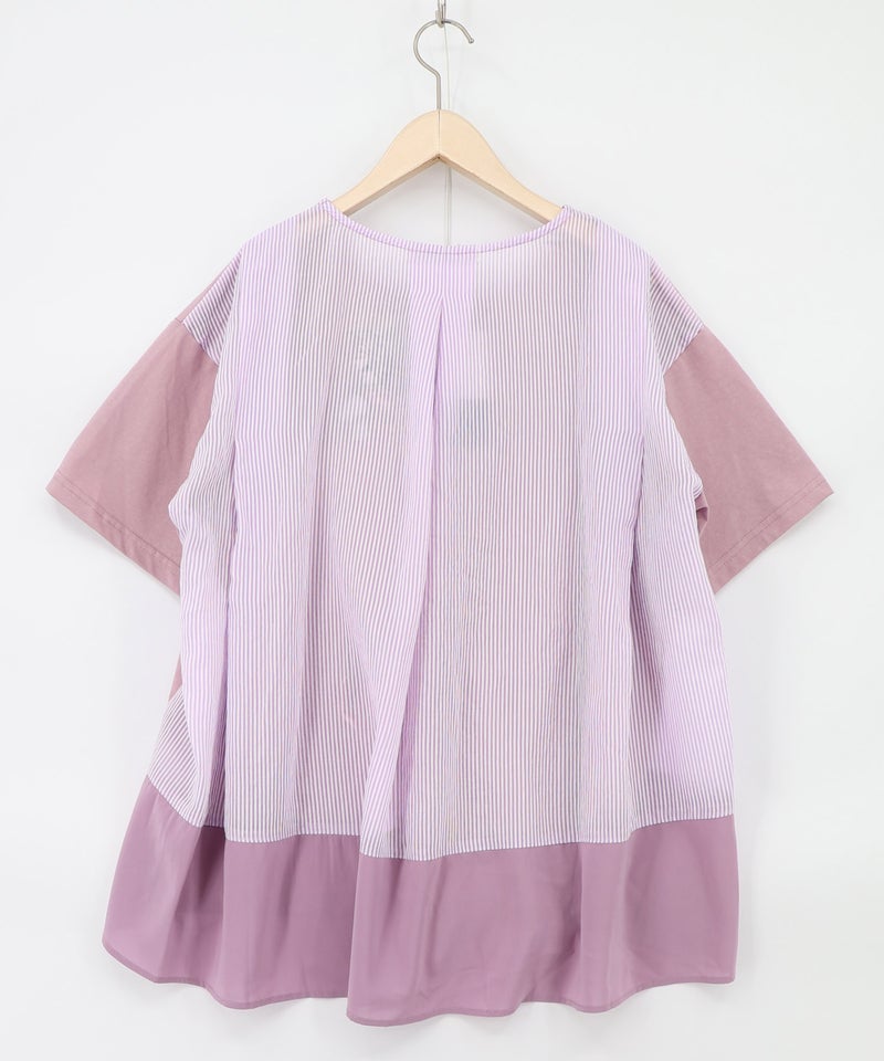 ストライプ×シフォン×天竺 異素材刺繍Tシャツ-16