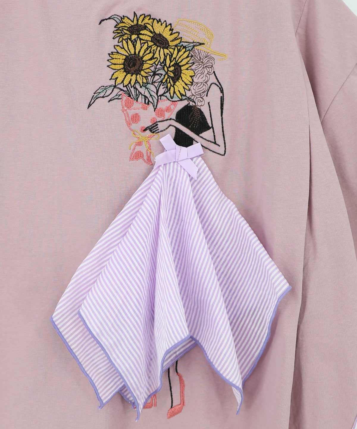 ストライプ×シフォン×天竺 異素材刺繍Tシャツ-17