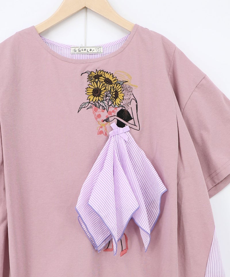 ストライプ×シフォン×天竺 異素材刺繍Tシャツ-18