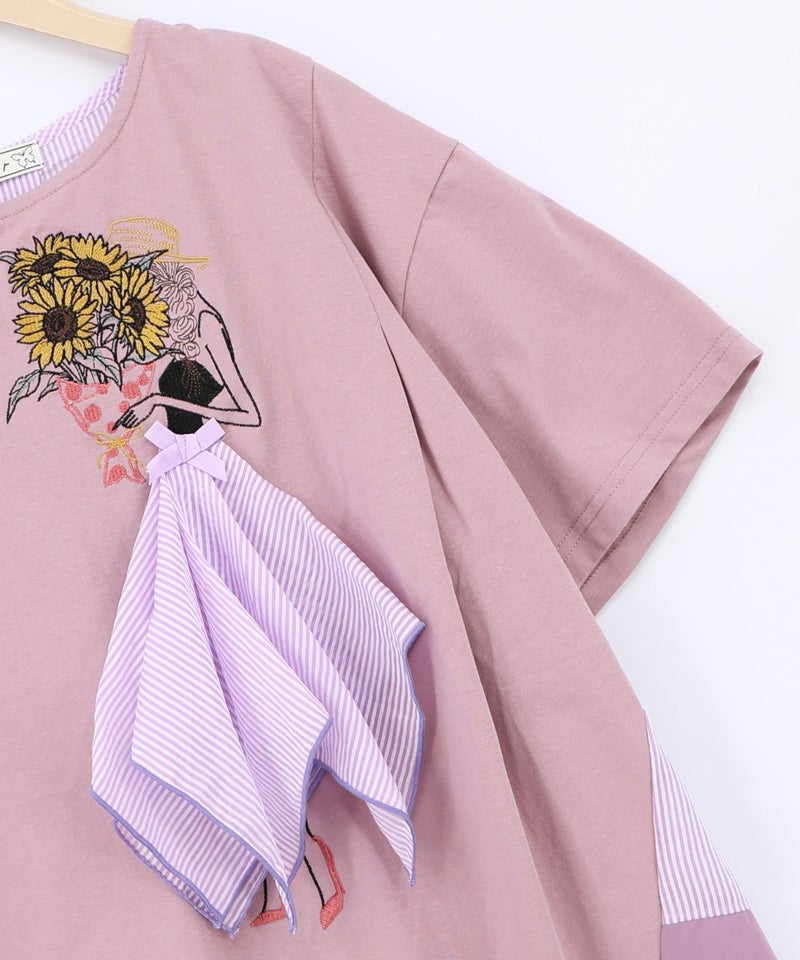 ストライプ×シフォン×天竺 異素材刺繍Tシャツ-19