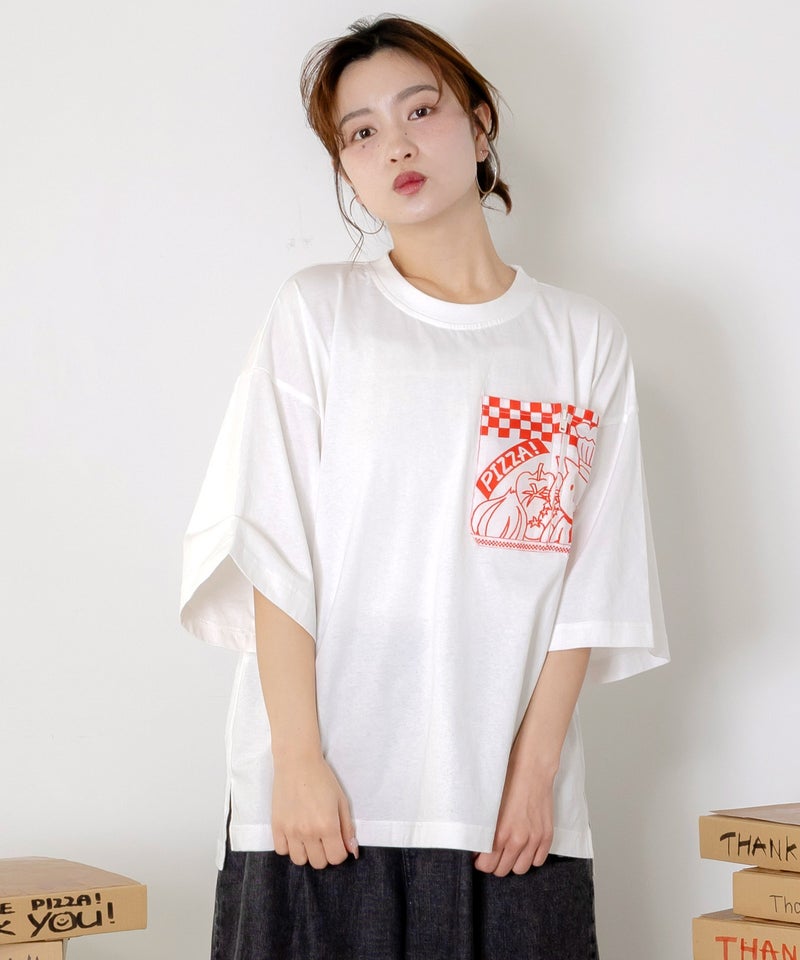 ポケットギミック付き ピザ屋ネコ＆クマ柄Tシャツ-8