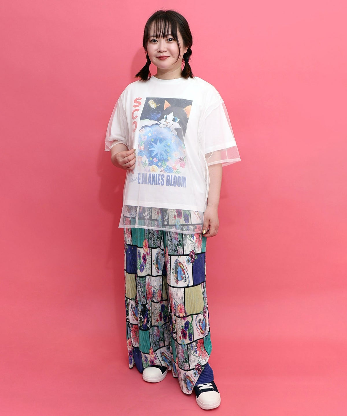 ネコ宇宙柄 チュール重ねTシャツ-2