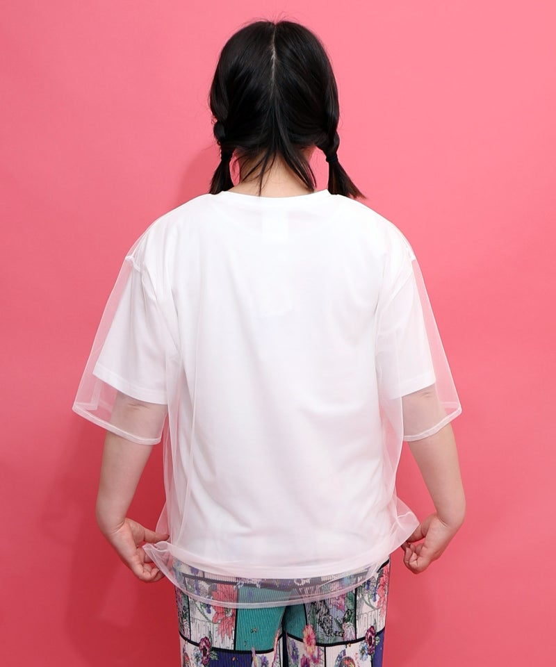 ネコ宇宙柄 チュール重ねTシャツ-4