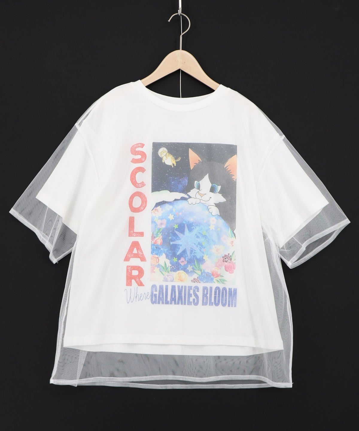 ネコ宇宙柄 チュール重ねTシャツ-6