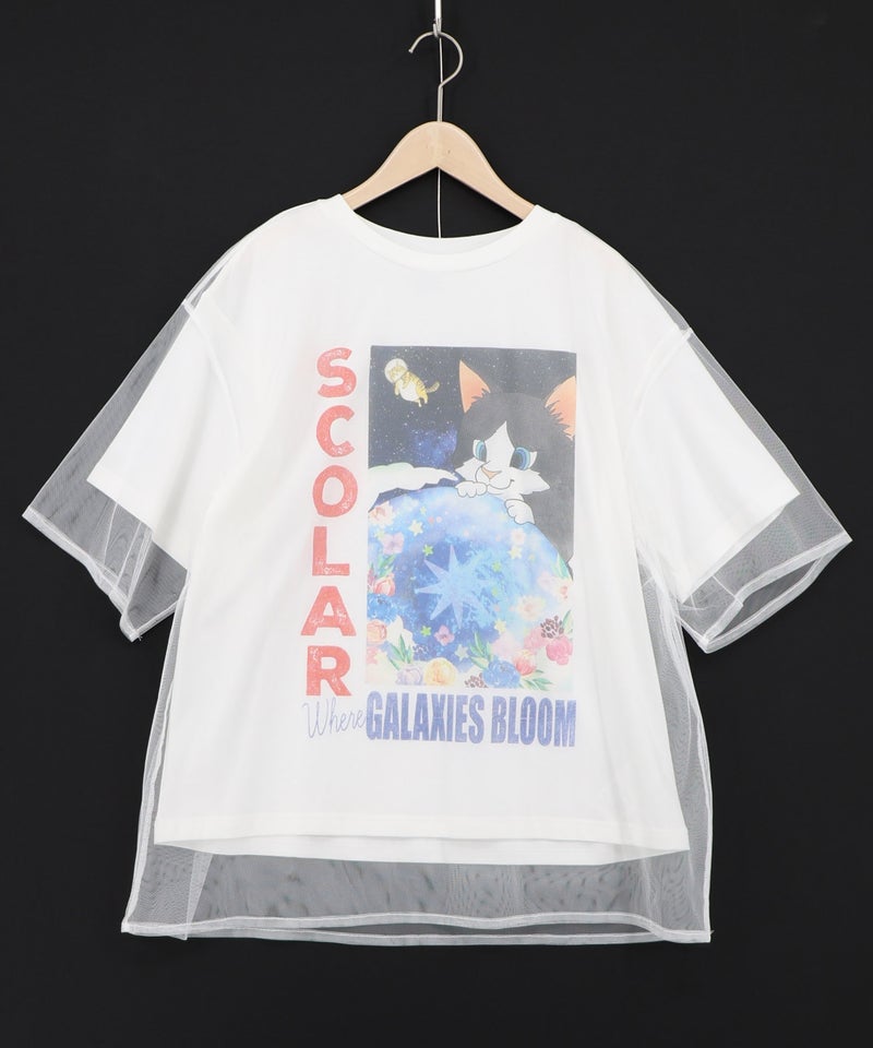 ネコ宇宙柄 チュール重ねTシャツ-6