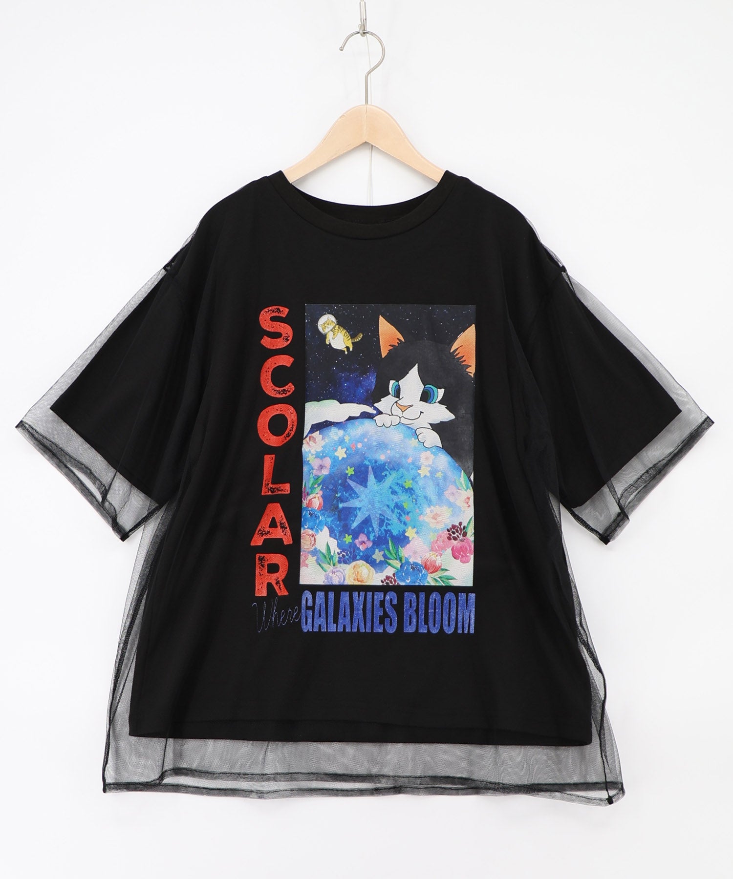 162620：ネコ宇宙柄 チュール重ねTシャツの通販-ScoLar