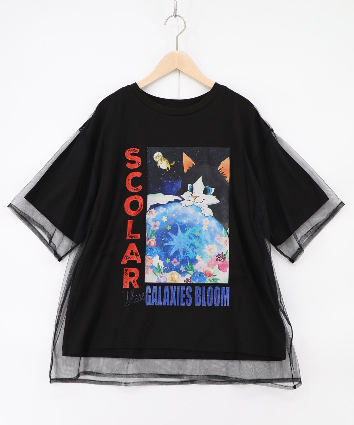 ネコ宇宙柄 チュール重ねTシャツ-8