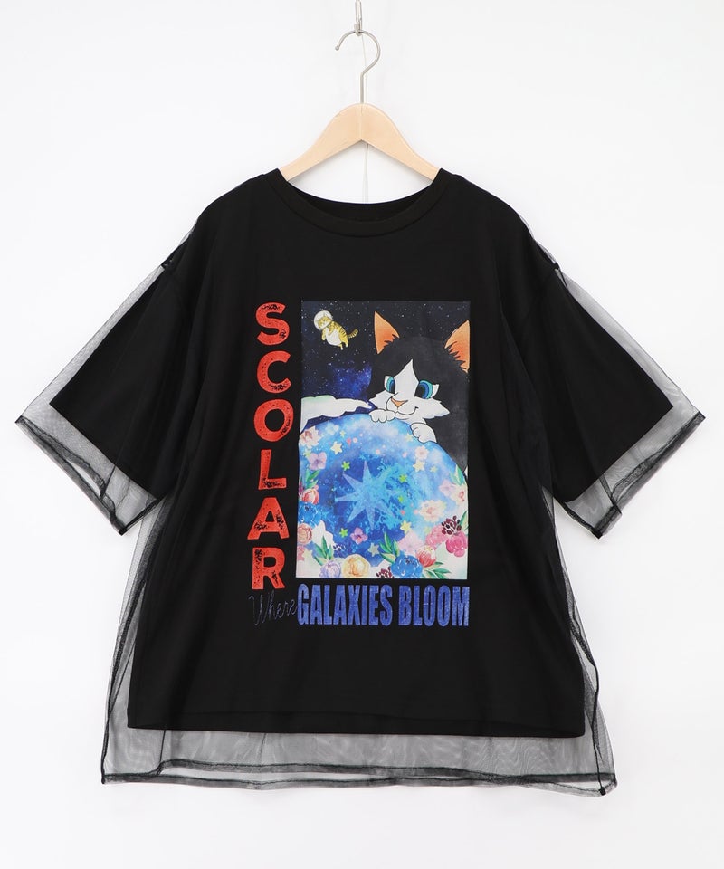 ネコ宇宙柄 チュール重ねTシャツ-8