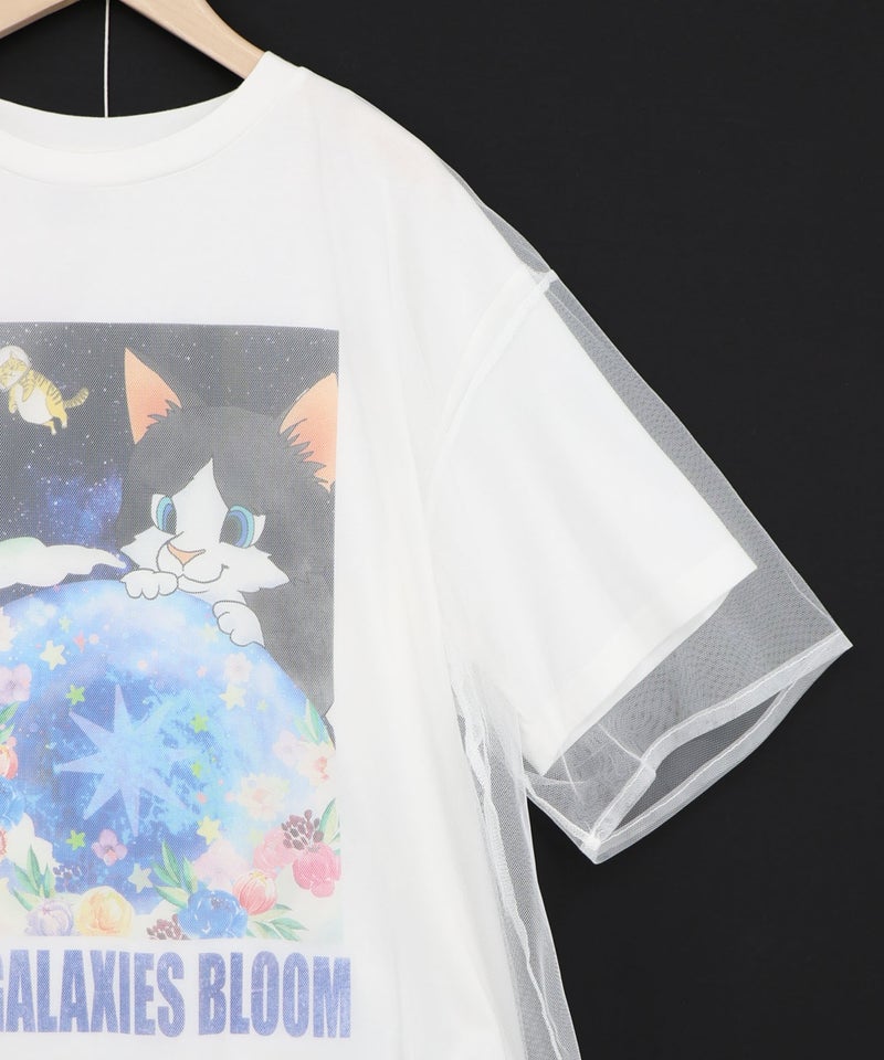 ネコ宇宙柄 チュール重ねTシャツ-11