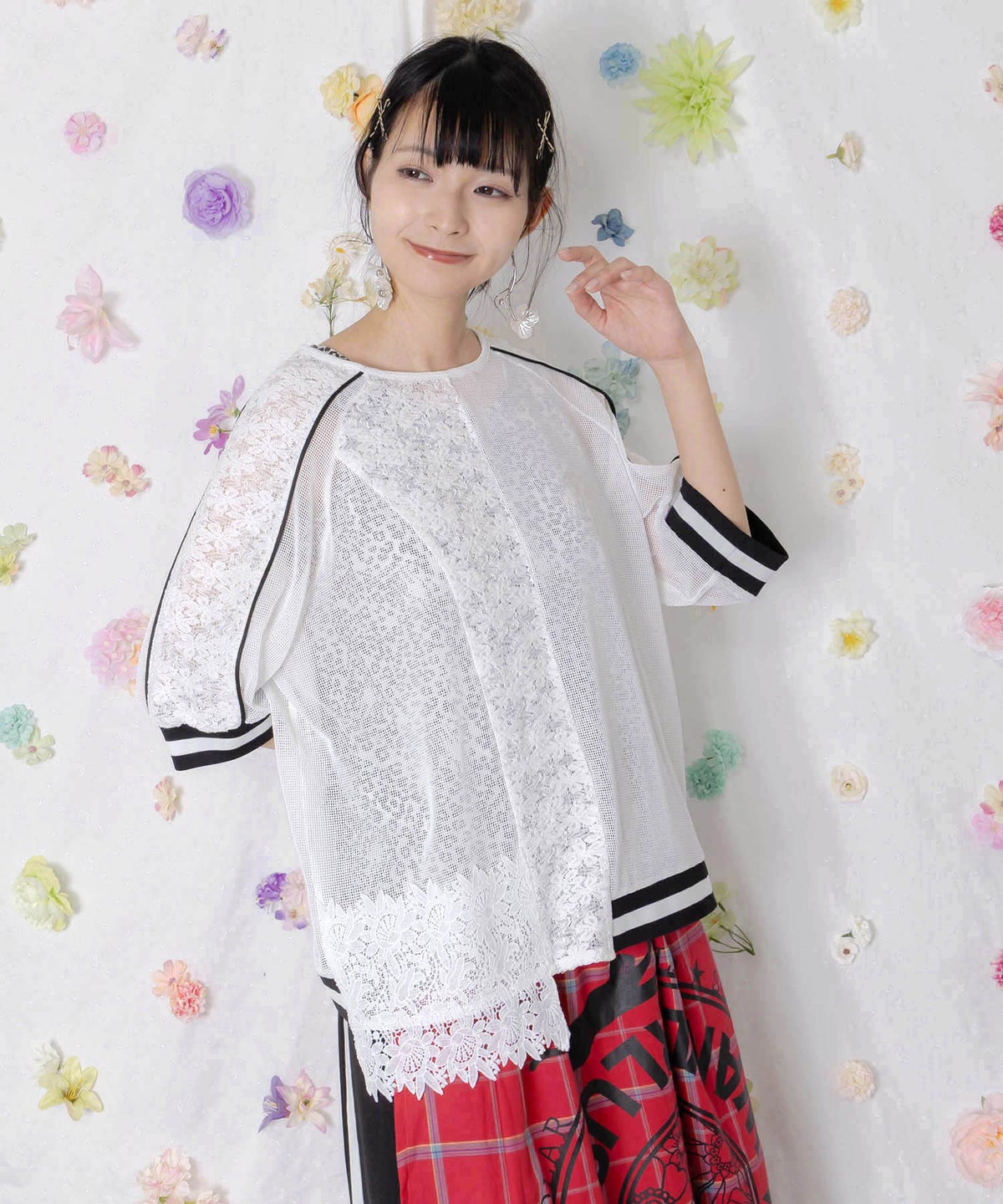 メッシュ×花柄レース 異素材Tシャツ-1