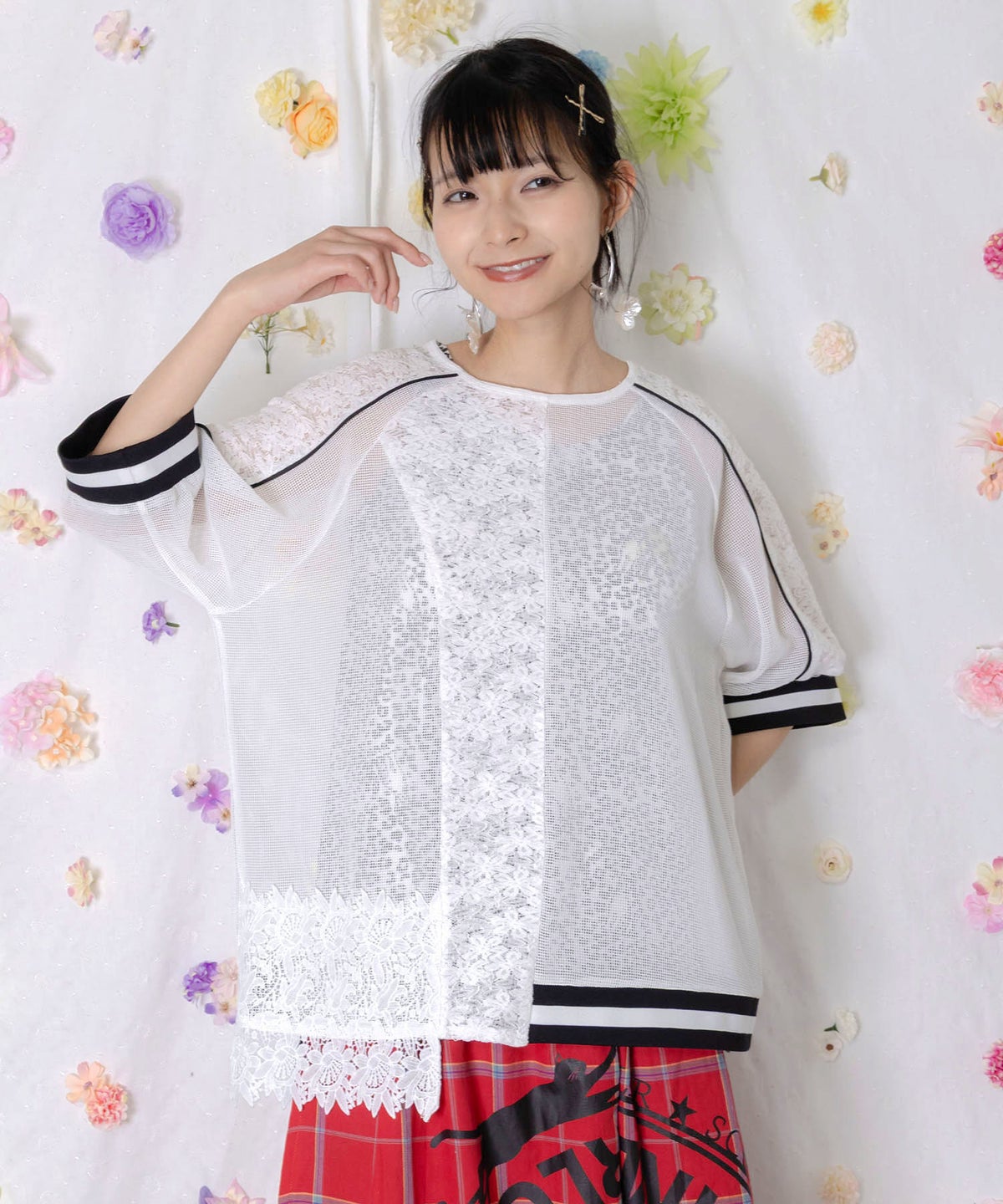 メッシュ×花柄レース 異素材Tシャツ-3