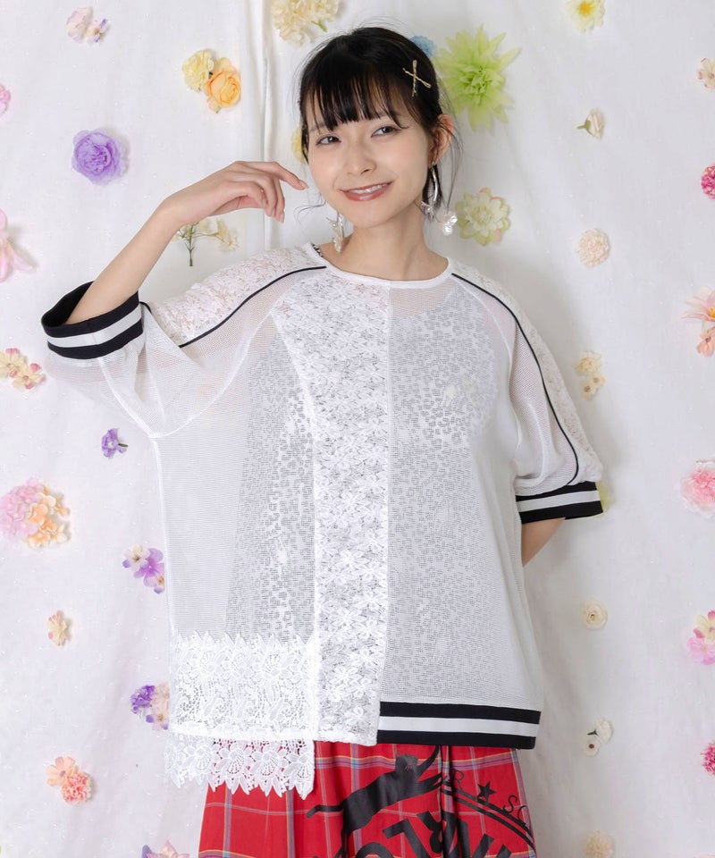 メッシュ×花柄レース 異素材Tシャツ-3