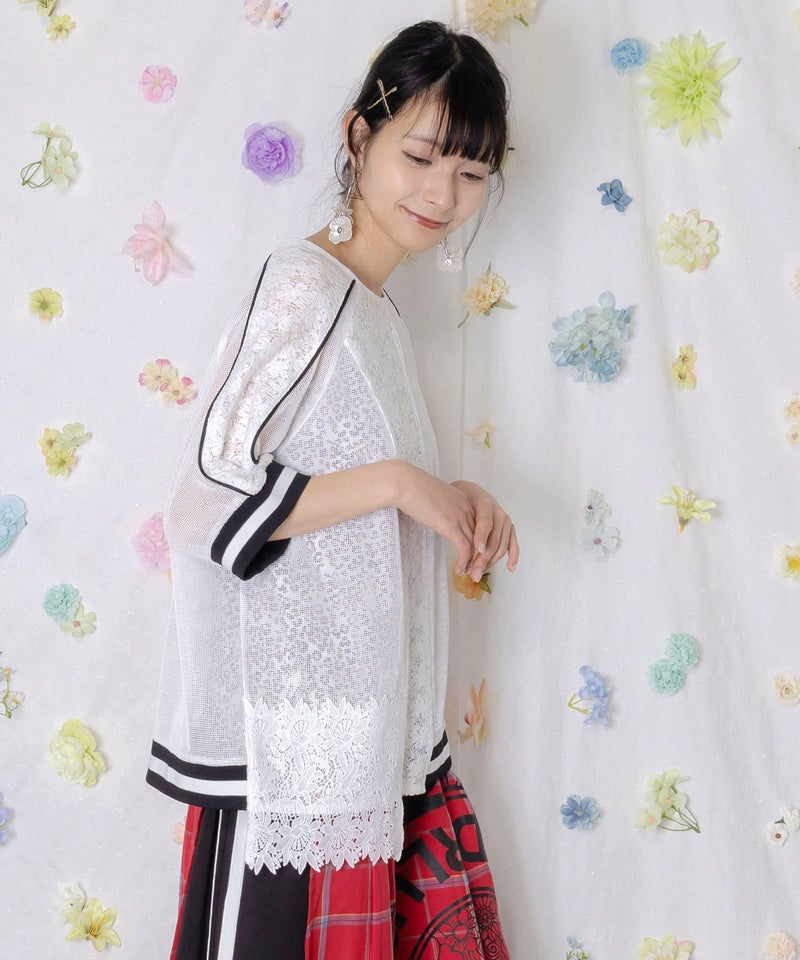 メッシュ×花柄レース 異素材Tシャツ-4