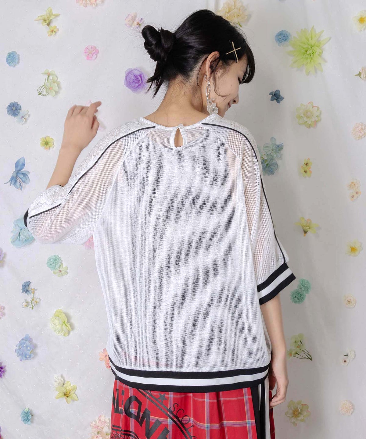 メッシュ×花柄レース 異素材Tシャツ-5