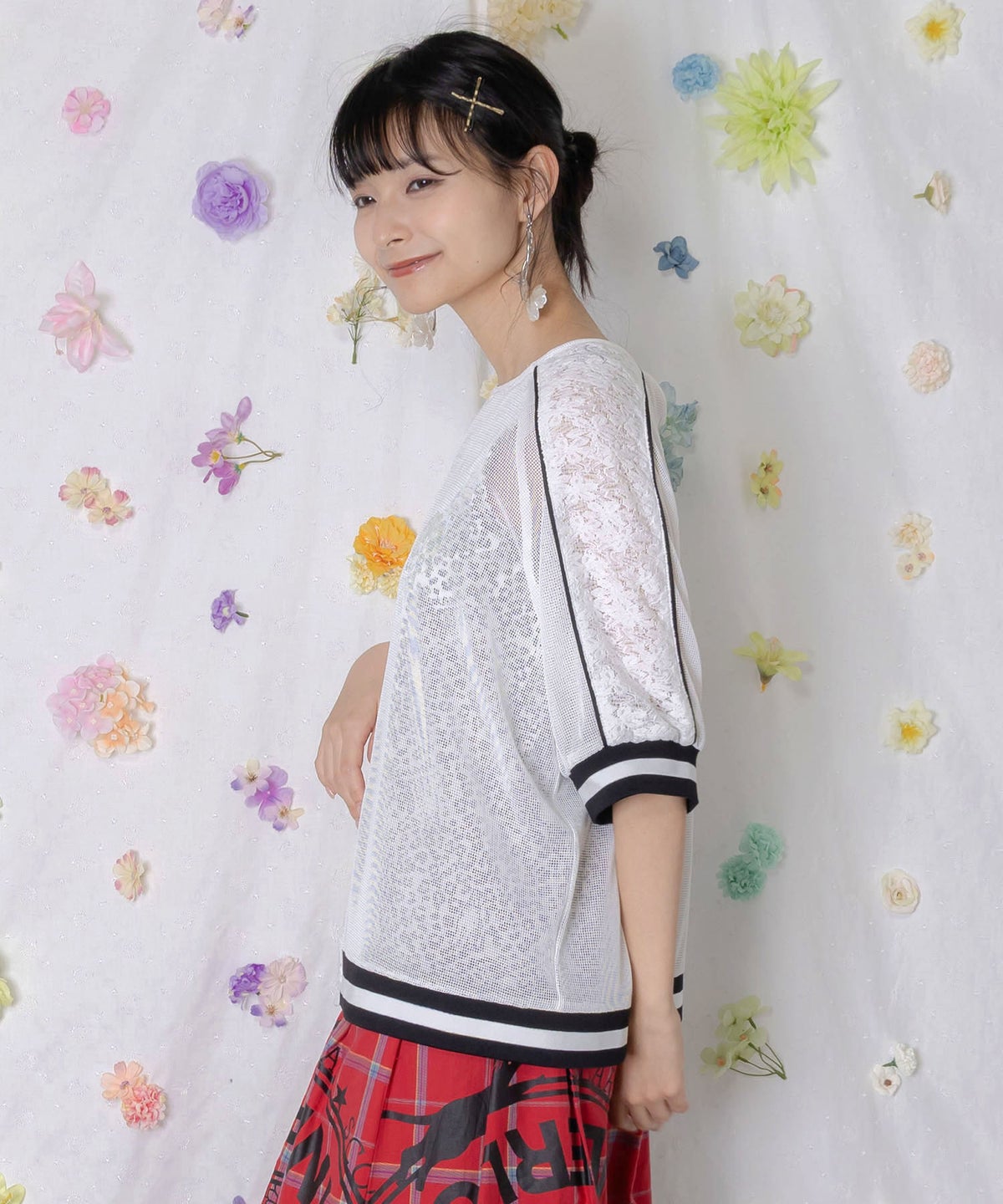メッシュ×花柄レース 異素材Tシャツ-6