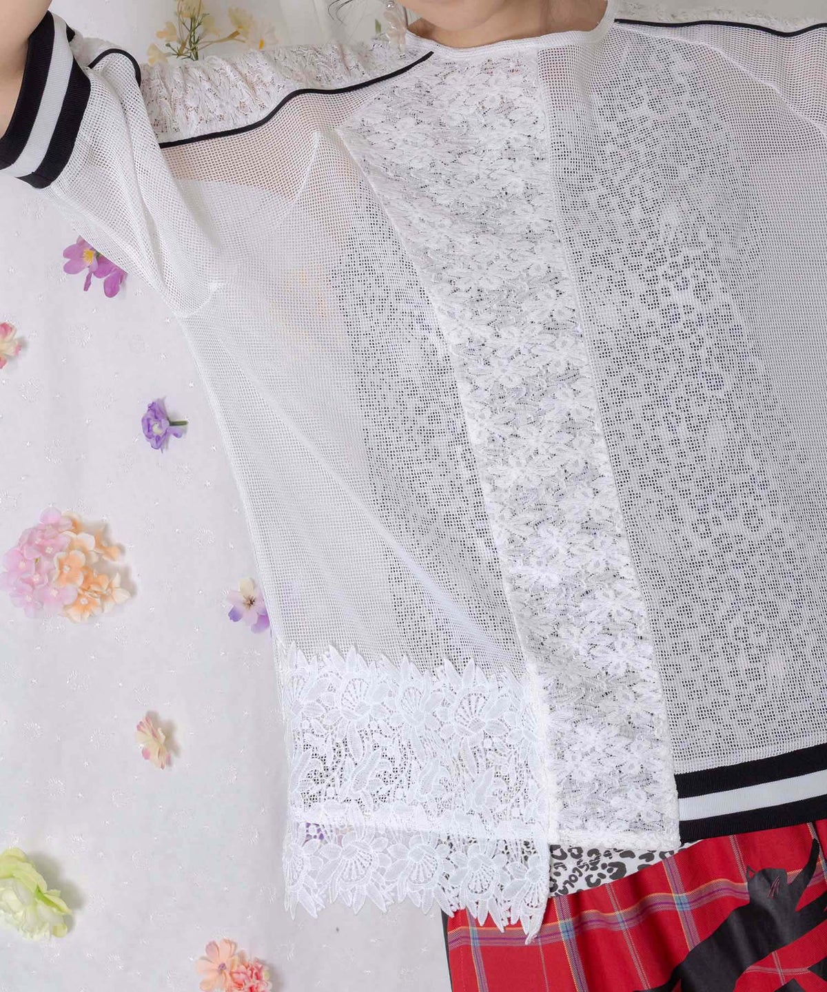 メッシュ×花柄レース 異素材Tシャツ-7