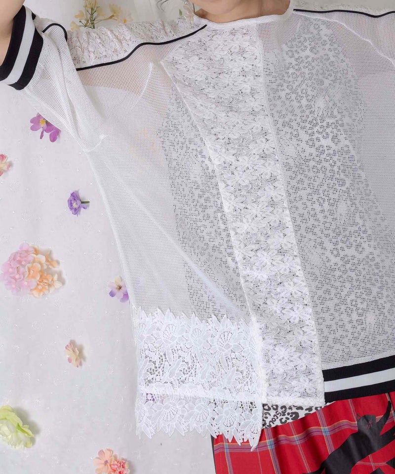 メッシュ×花柄レース 異素材Tシャツ-7