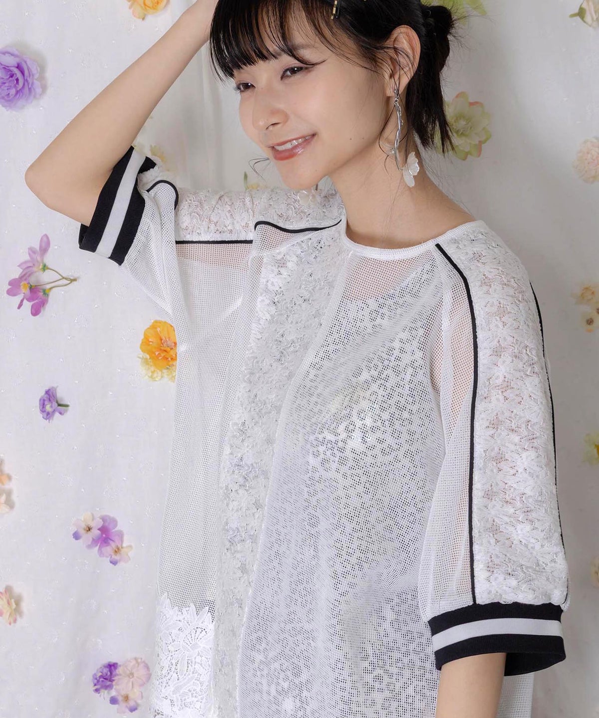 メッシュ×花柄レース 異素材Tシャツ-9