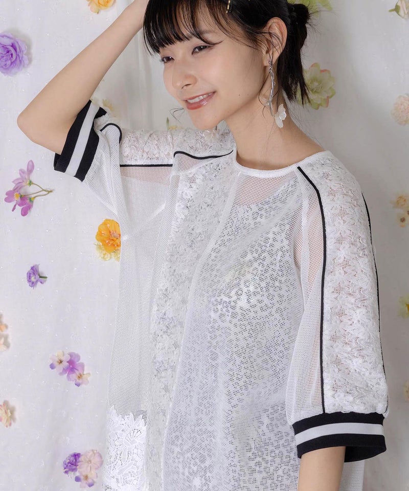 メッシュ×花柄レース 異素材Tシャツ-9
