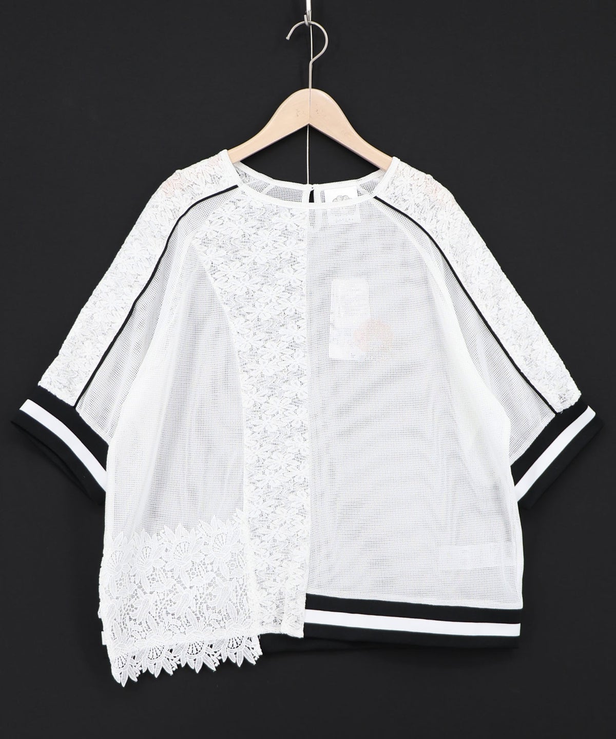 メッシュ×花柄レース 異素材Tシャツ-10