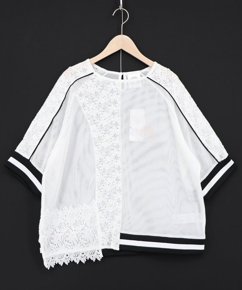 メッシュ×花柄レース 異素材Tシャツ-10