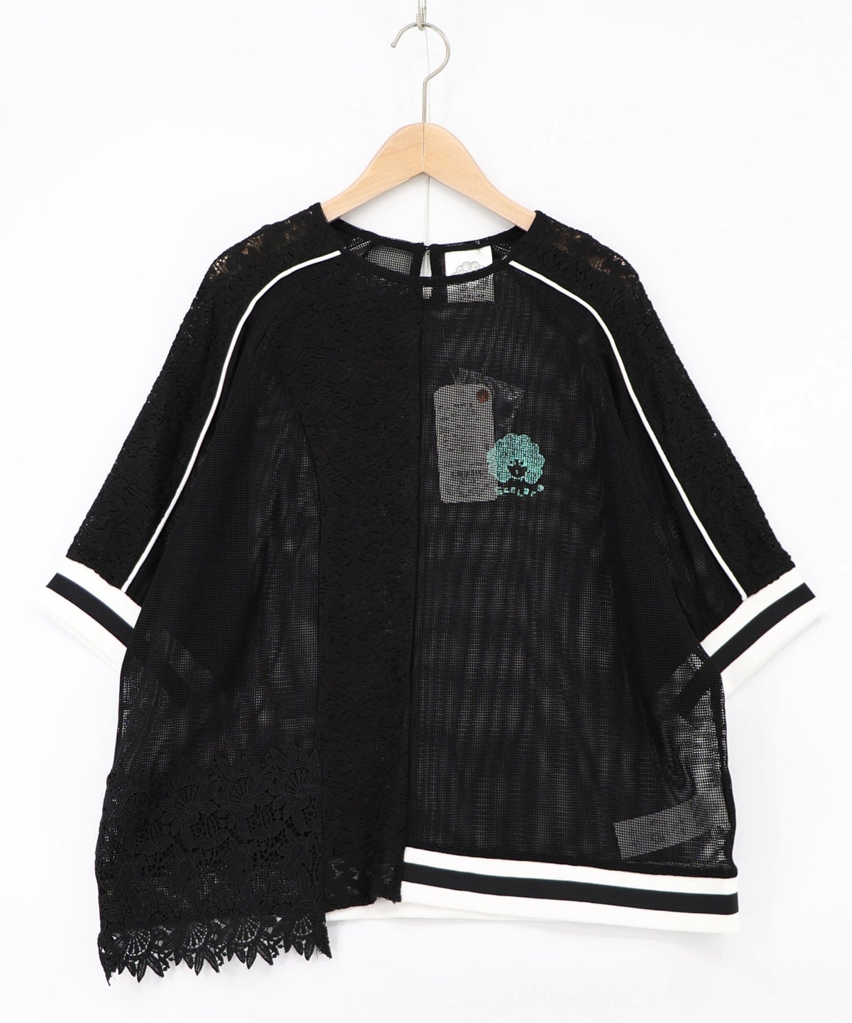 メッシュ×花柄レース 異素材Tシャツ-12