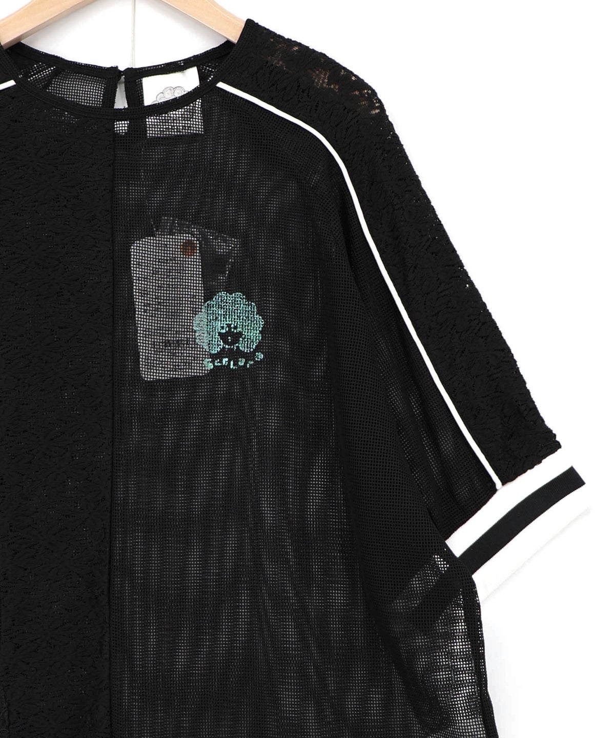 メッシュ×花柄レース 異素材Tシャツ-15