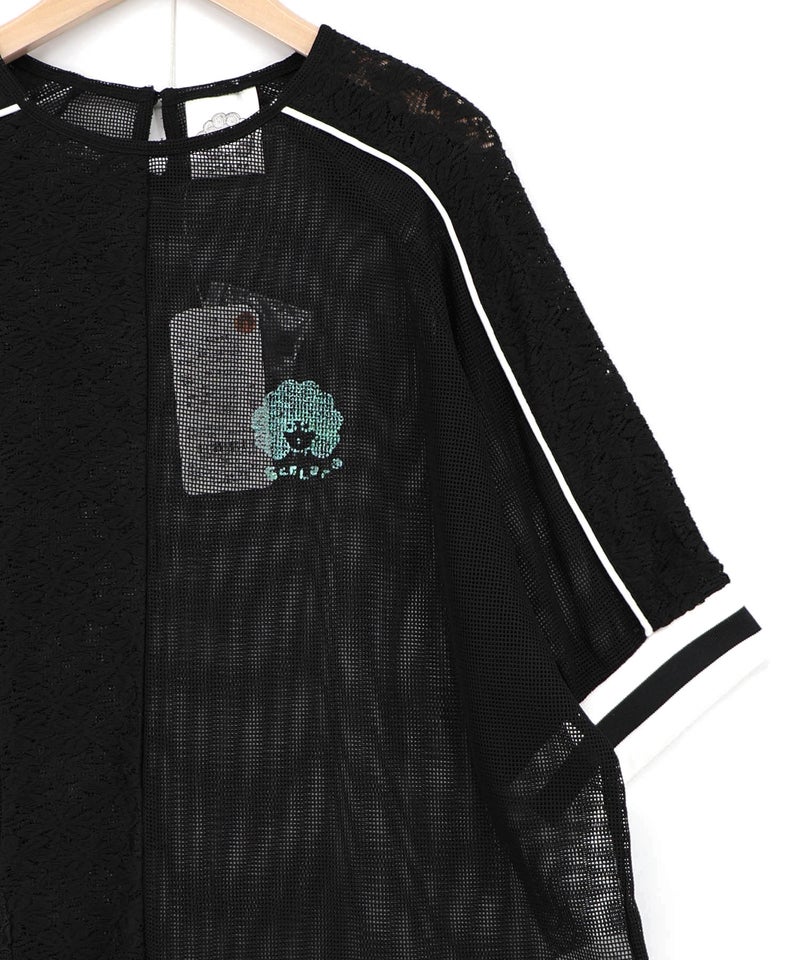 メッシュ×花柄レース 異素材Tシャツ-15