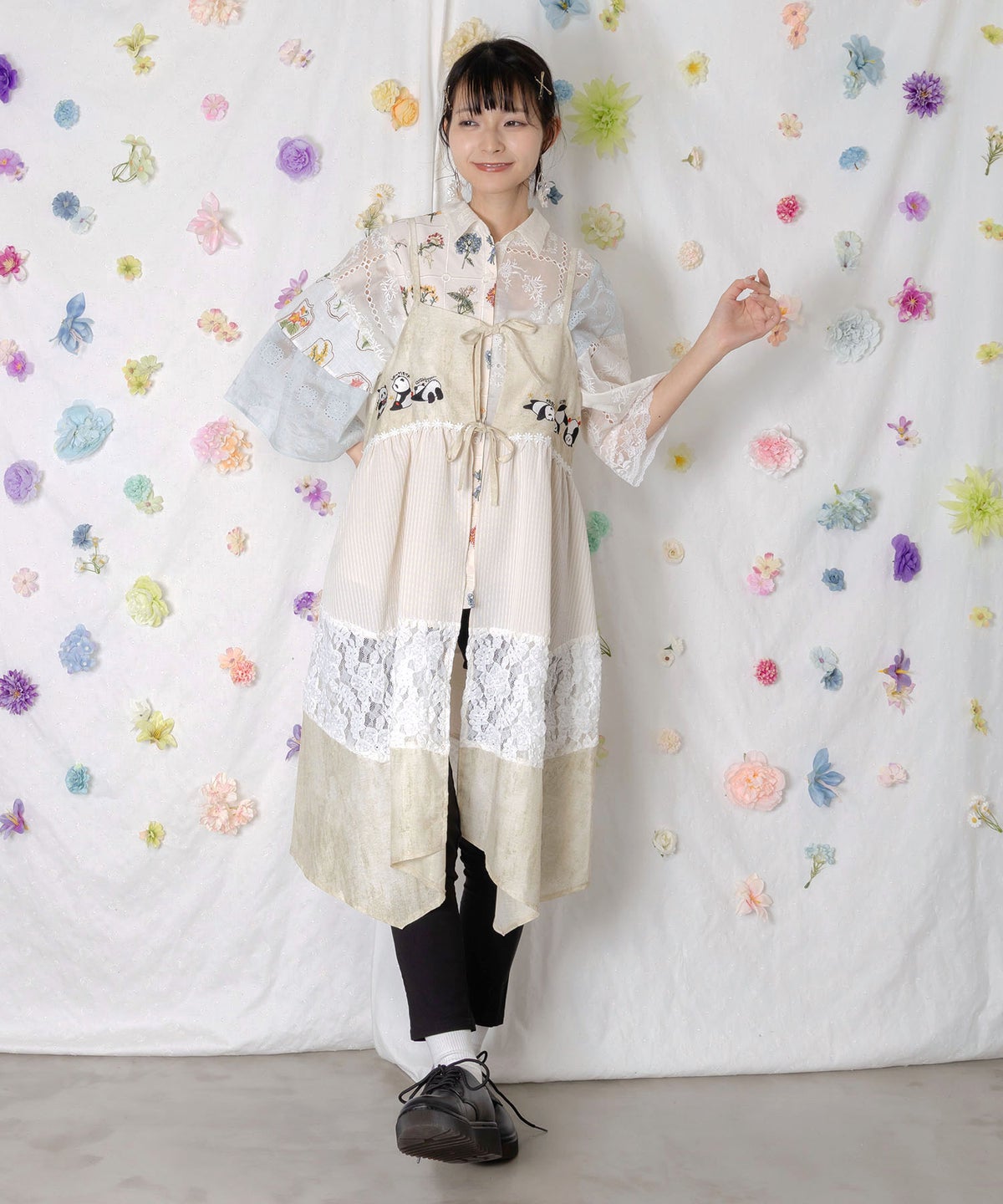 ストライプorチェック パンダ刺繍キャミワンピース-1