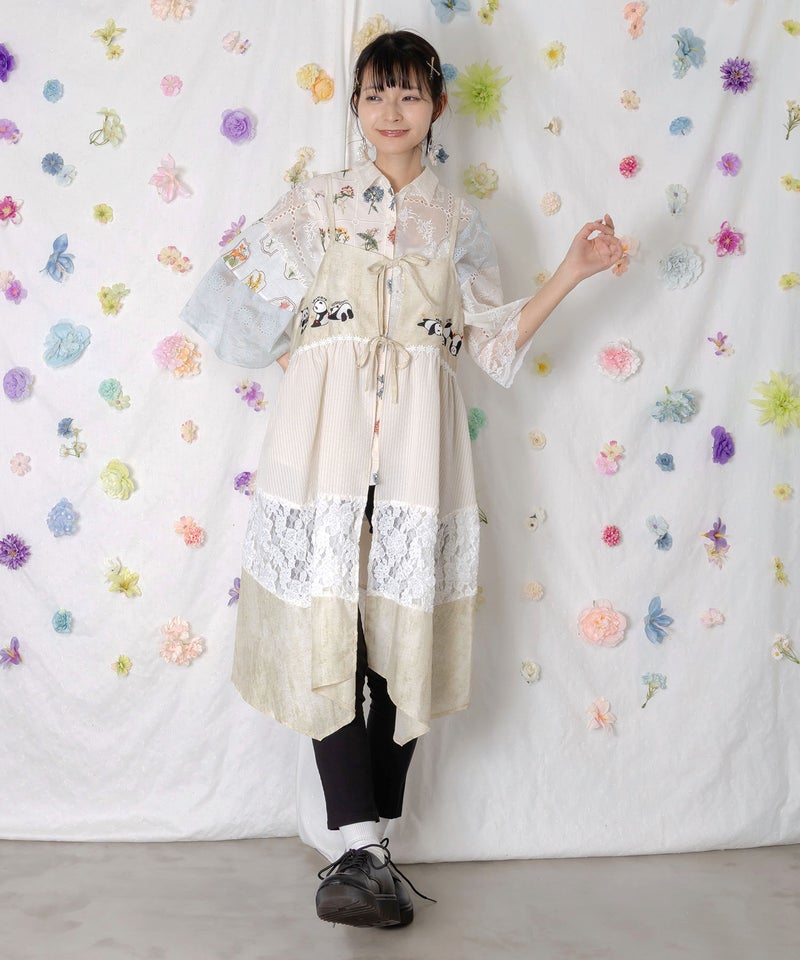 ストライプorチェック パンダ刺繍キャミワンピース-1