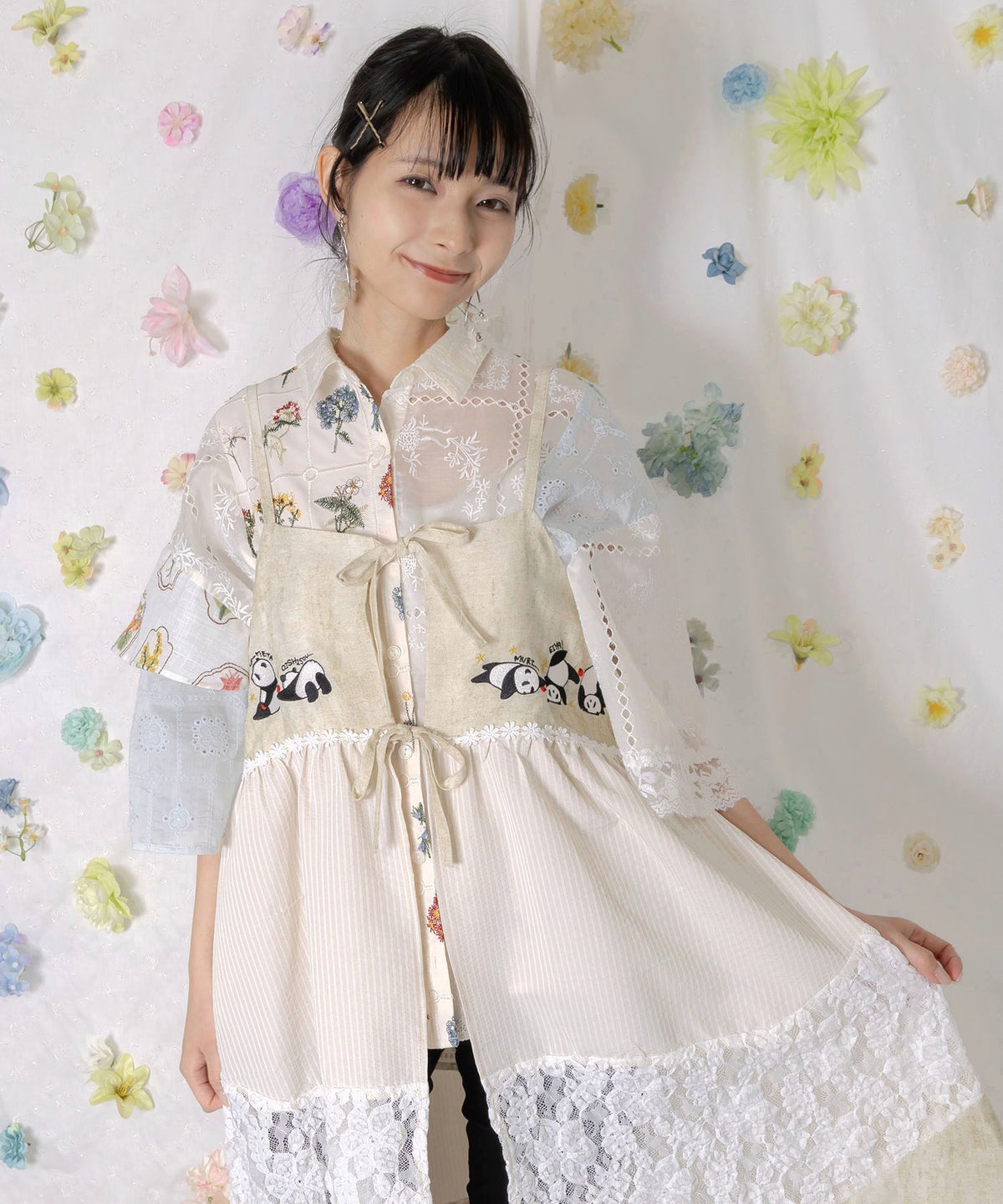 ストライプorチェック パンダ刺繍キャミワンピース-2