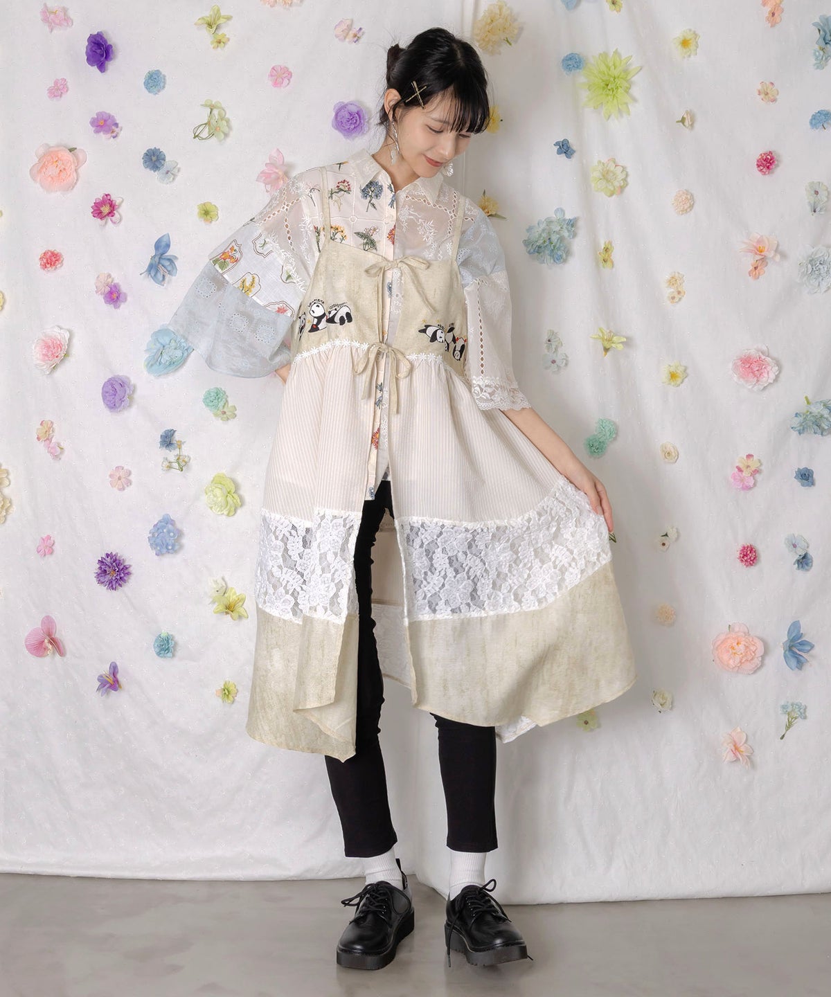 ストライプorチェック パンダ刺繍キャミワンピース-3