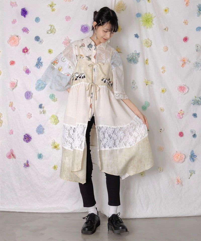 ストライプorチェック パンダ刺繍キャミワンピース-3