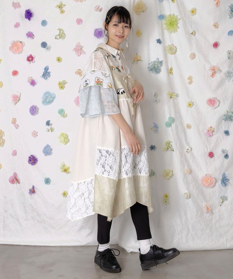 ストライプorチェック パンダ刺繍キャミワンピース-4