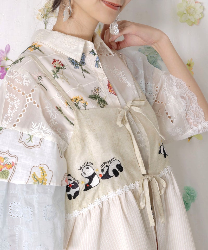 ストライプorチェック パンダ刺繍キャミワンピース-6