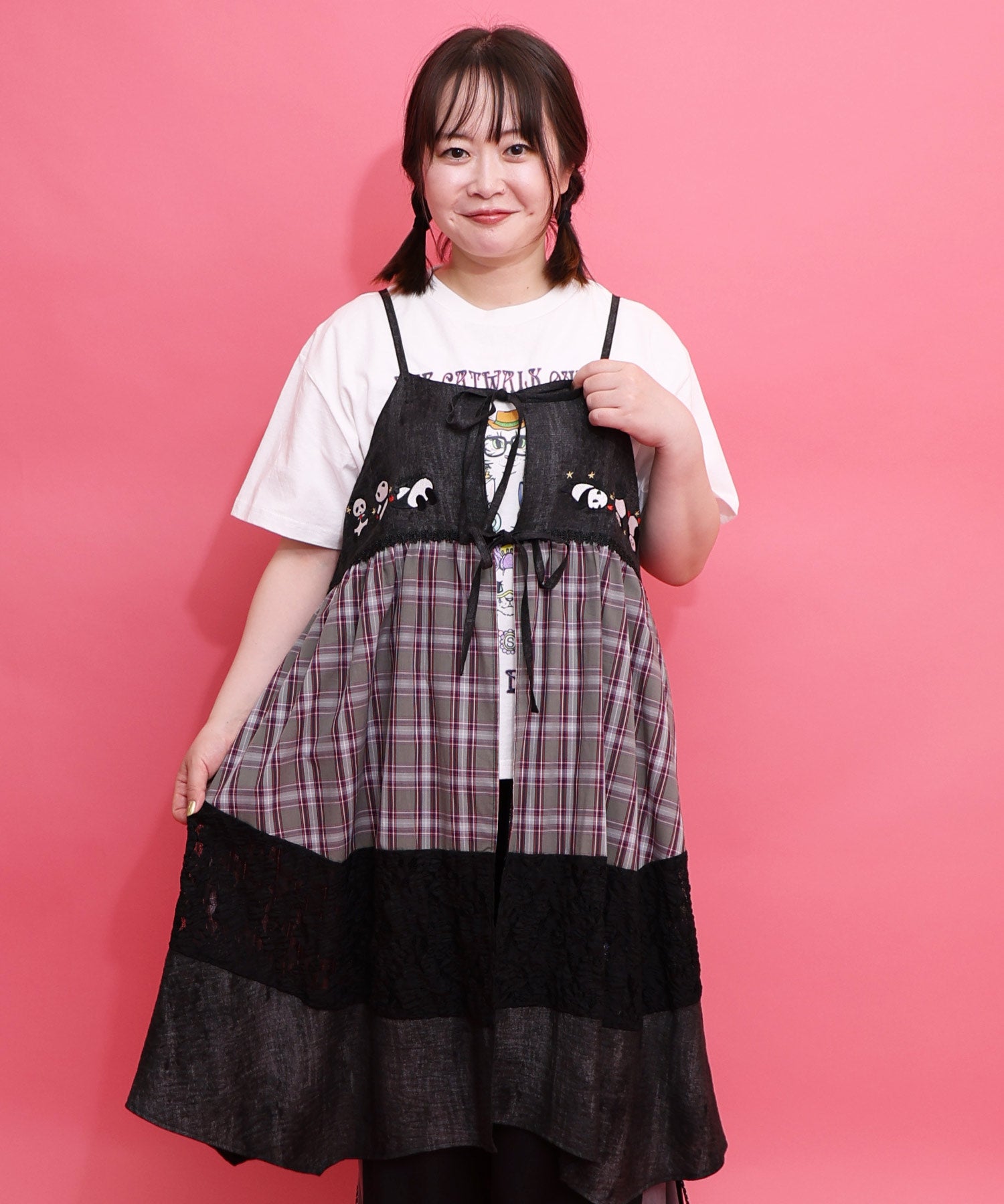 162617：ストライプorチェック パンダ刺繍キャミワンピースの通販-ScoLar