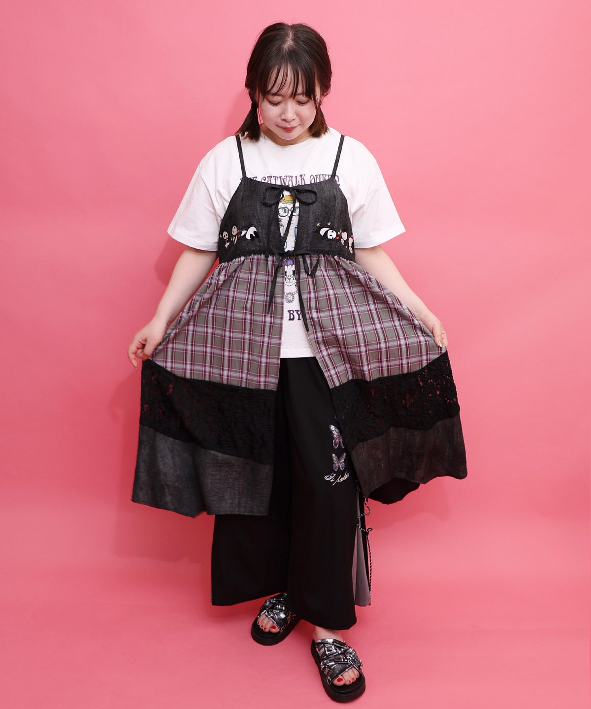 ストライプorチェック パンダ刺繍キャミワンピース-13