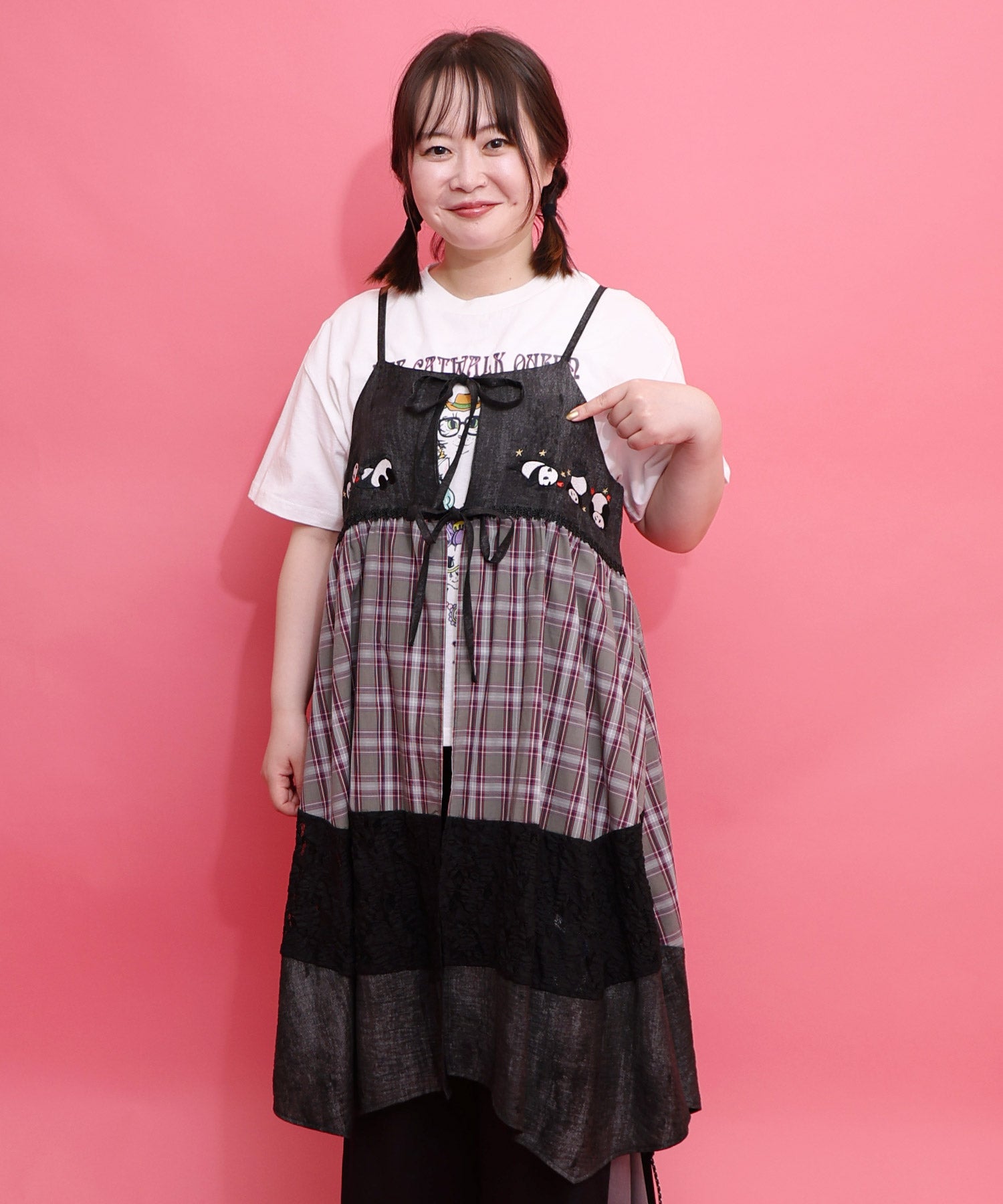 162617：ストライプorチェック パンダ刺繍キャミワンピースの通販-ScoLar