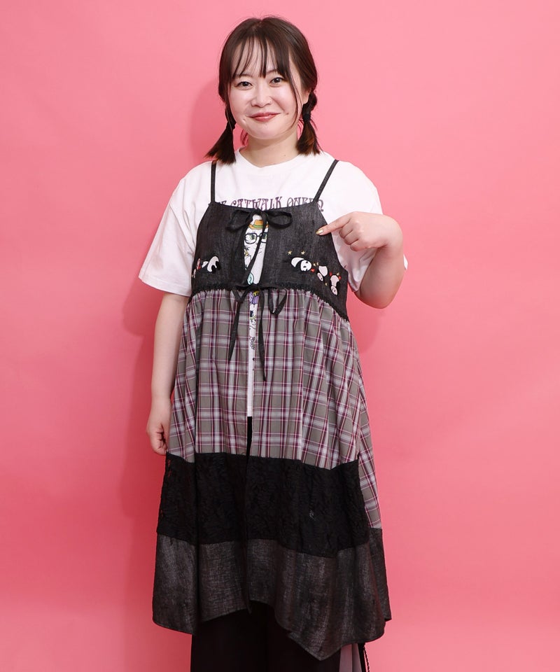 ストライプorチェック パンダ刺繍キャミワンピース-14