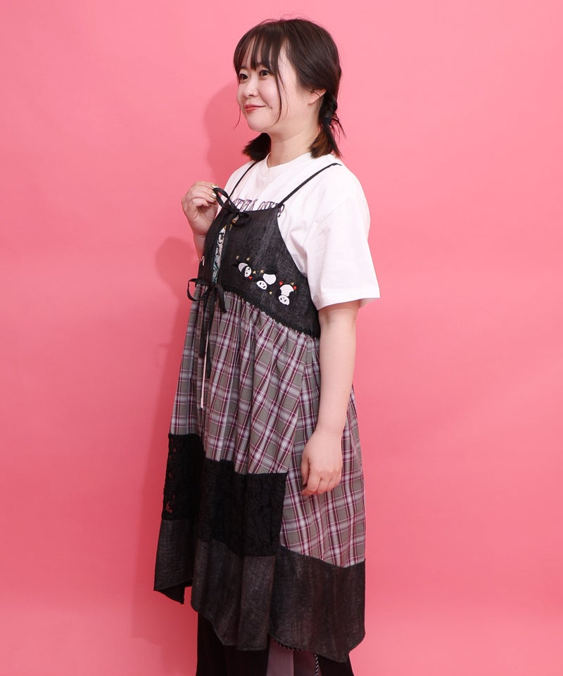 ストライプorチェック パンダ刺繍キャミワンピース-15