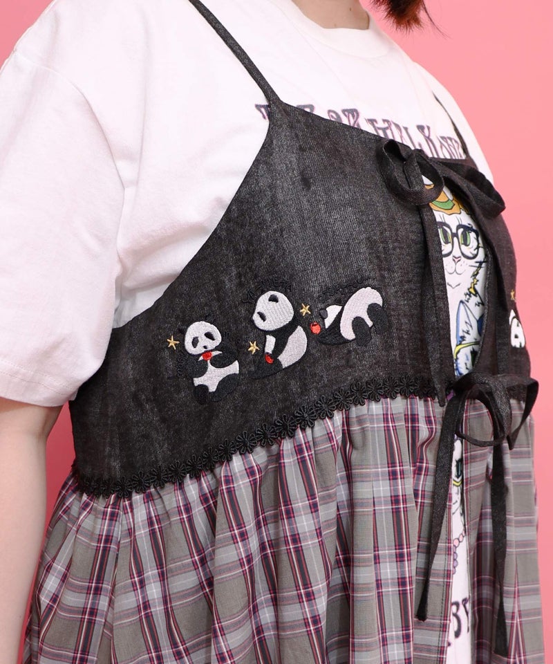 ストライプorチェック パンダ刺繍キャミワンピース-18