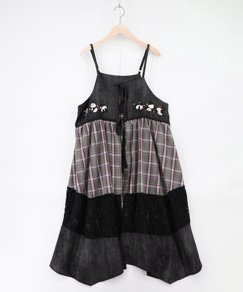 ストライプorチェック パンダ刺繍キャミワンピース-22
