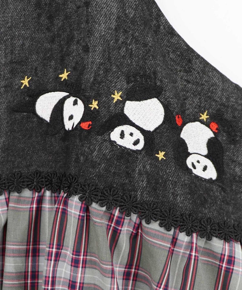 ストライプorチェック パンダ刺繍キャミワンピース-23