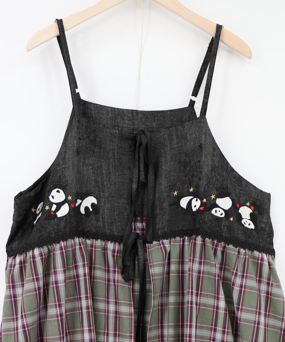 ストライプorチェック パンダ刺繍キャミワンピース-24