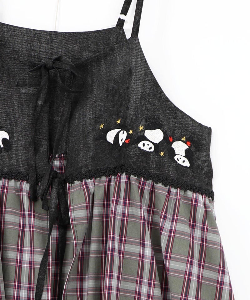 ストライプorチェック パンダ刺繍キャミワンピース-25