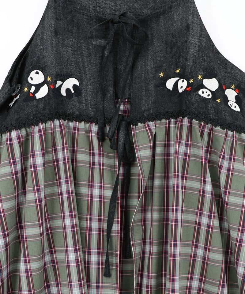 ストライプorチェック パンダ刺繍キャミワンピース-26