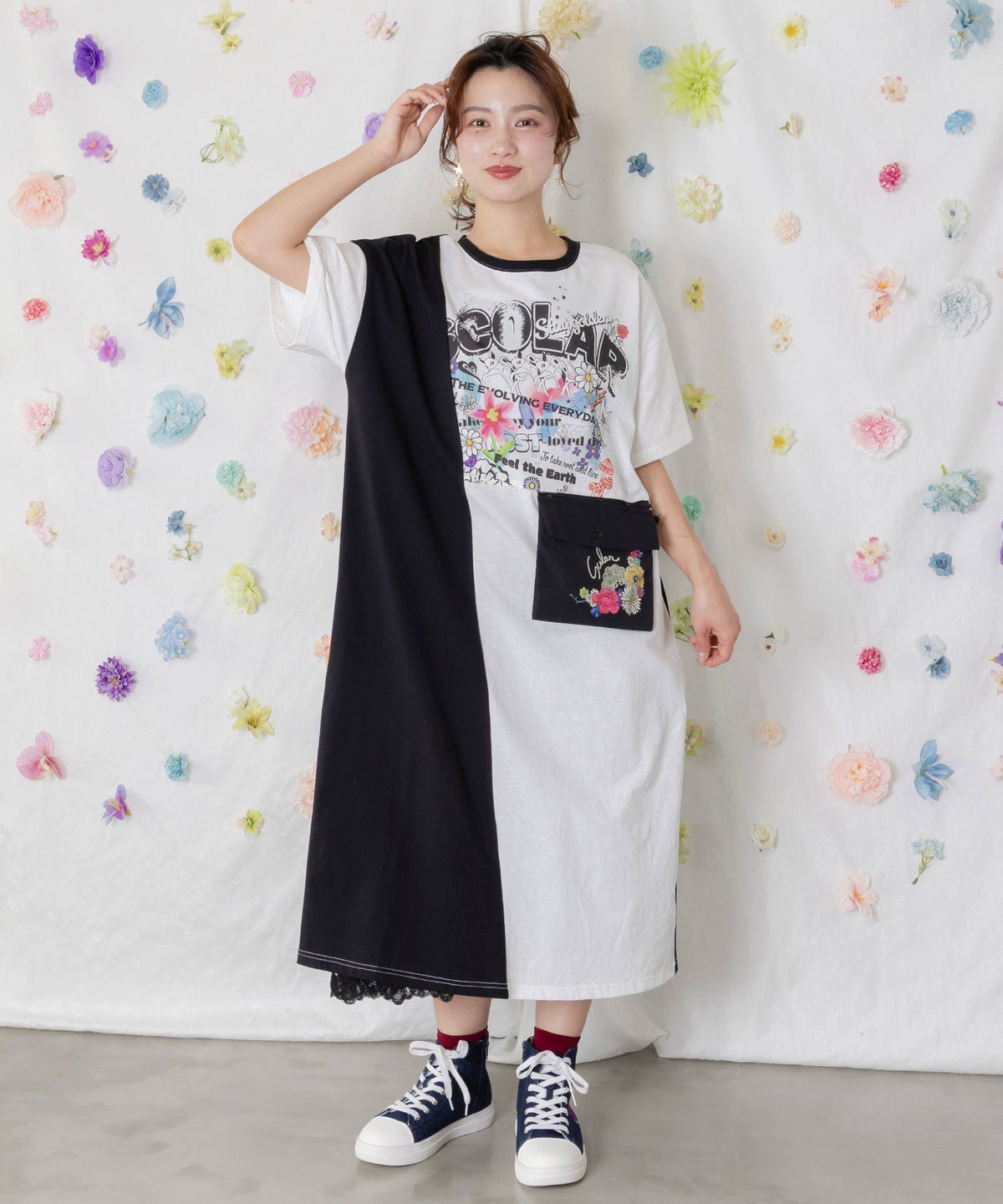 取り外し可能サコッシュ付き ポップ柄配色ワンピース-1