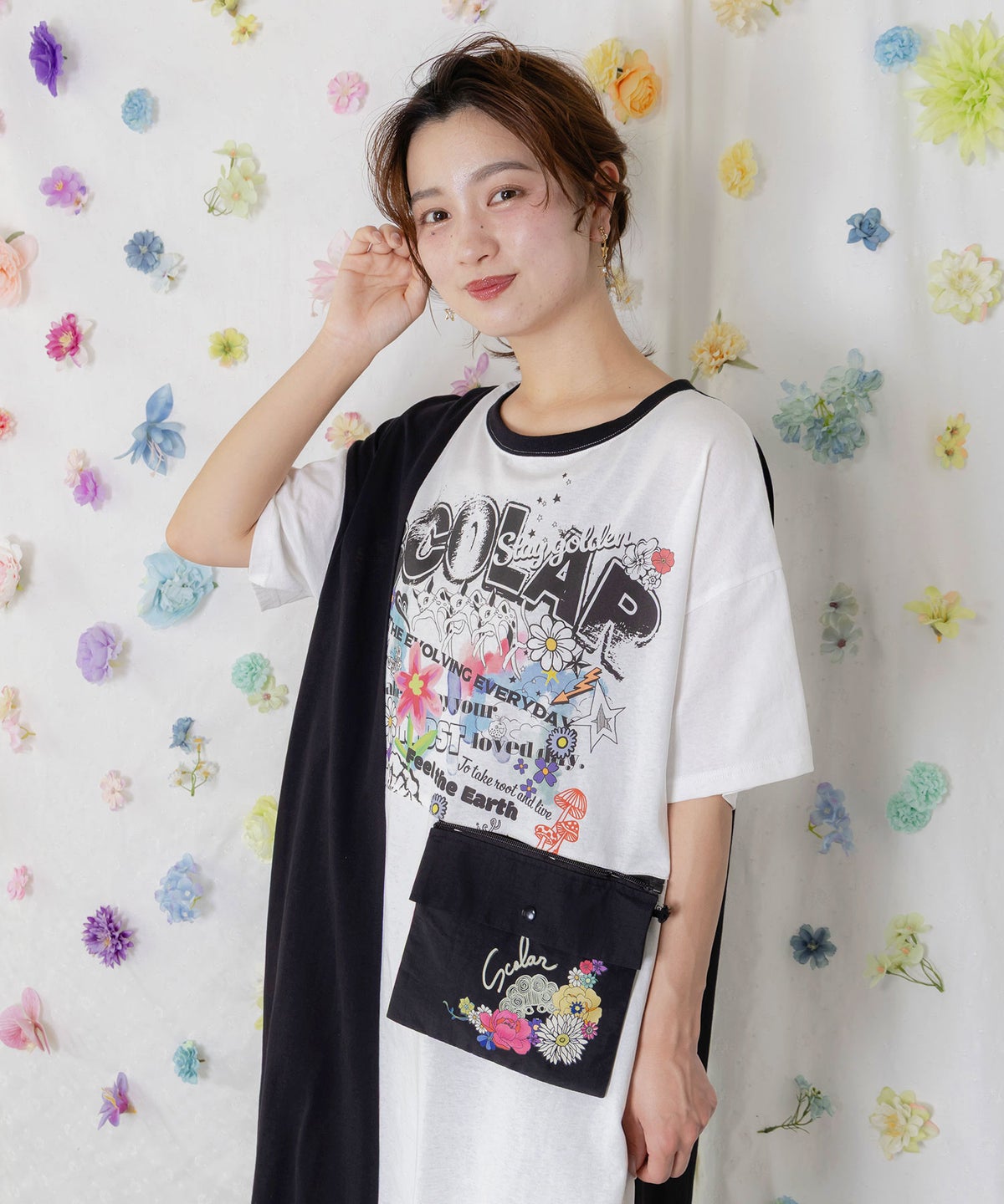 取り外し可能サコッシュ付き ポップ柄配色ワンピース-2