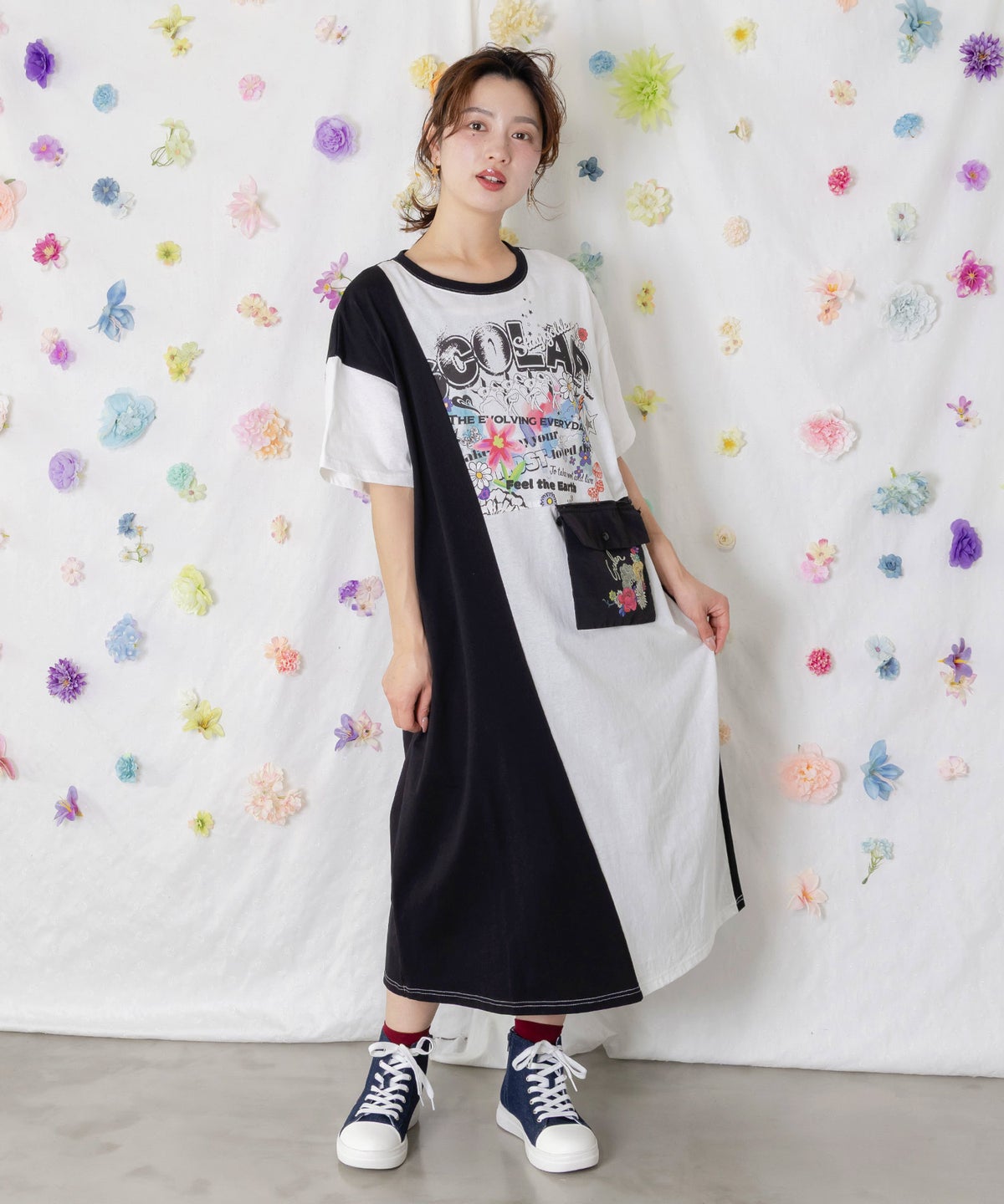 取り外し可能サコッシュ付き ポップ柄配色ワンピース-3