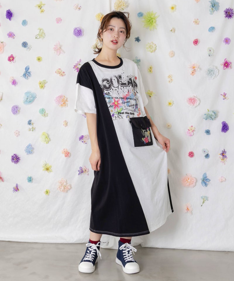 取り外し可能サコッシュ付き ポップ柄配色ワンピース-3